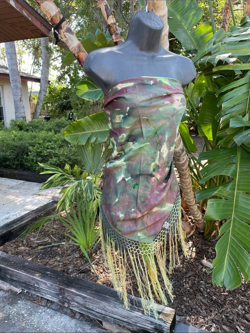 pure silk, tie-dye fringe, scarf, strapless, top, ski skirt or belt